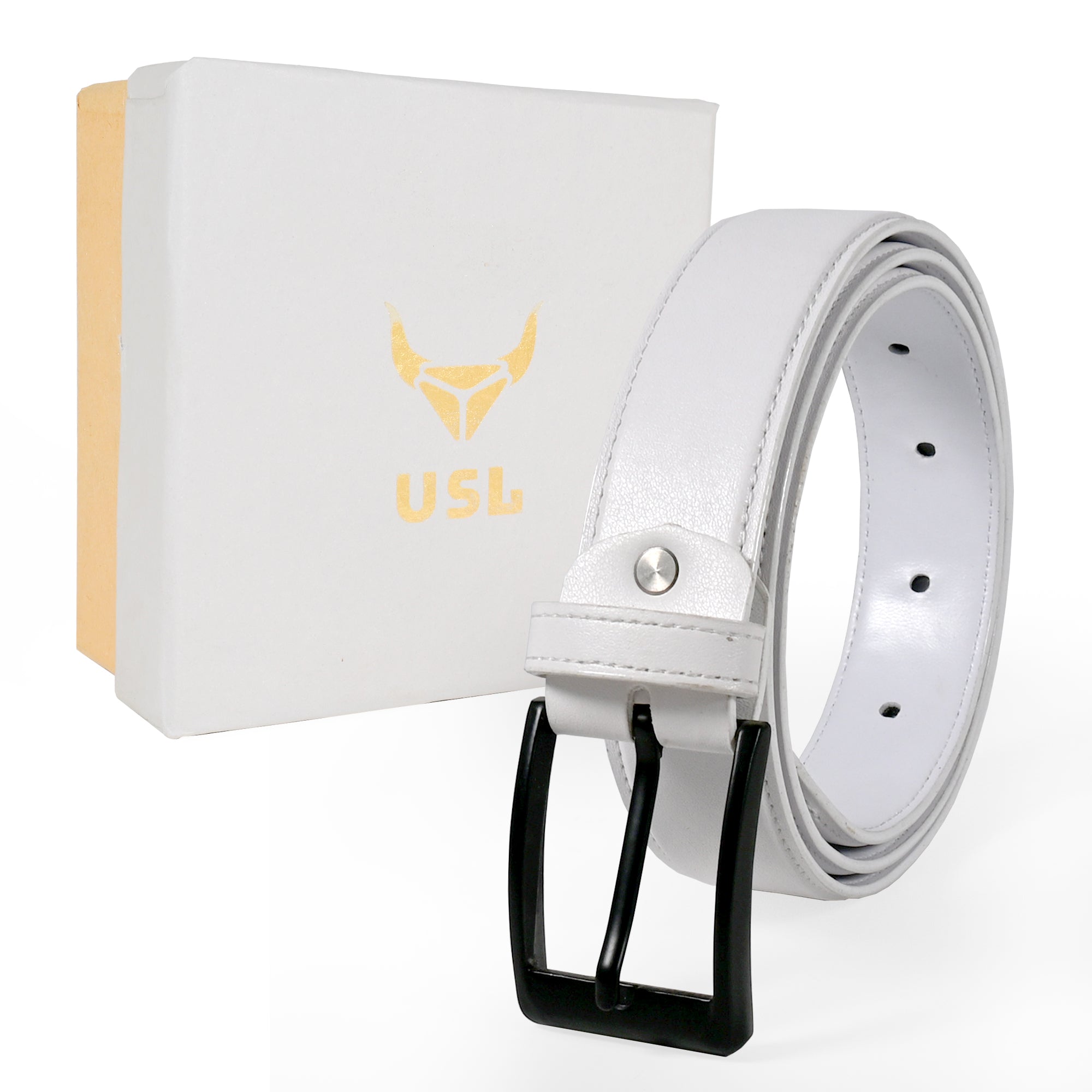 USL Faux Leather Cowboy white Belt for Men - Adjustable Size Fits Waist 28-42 Inches - Durable and Stylish Accessory