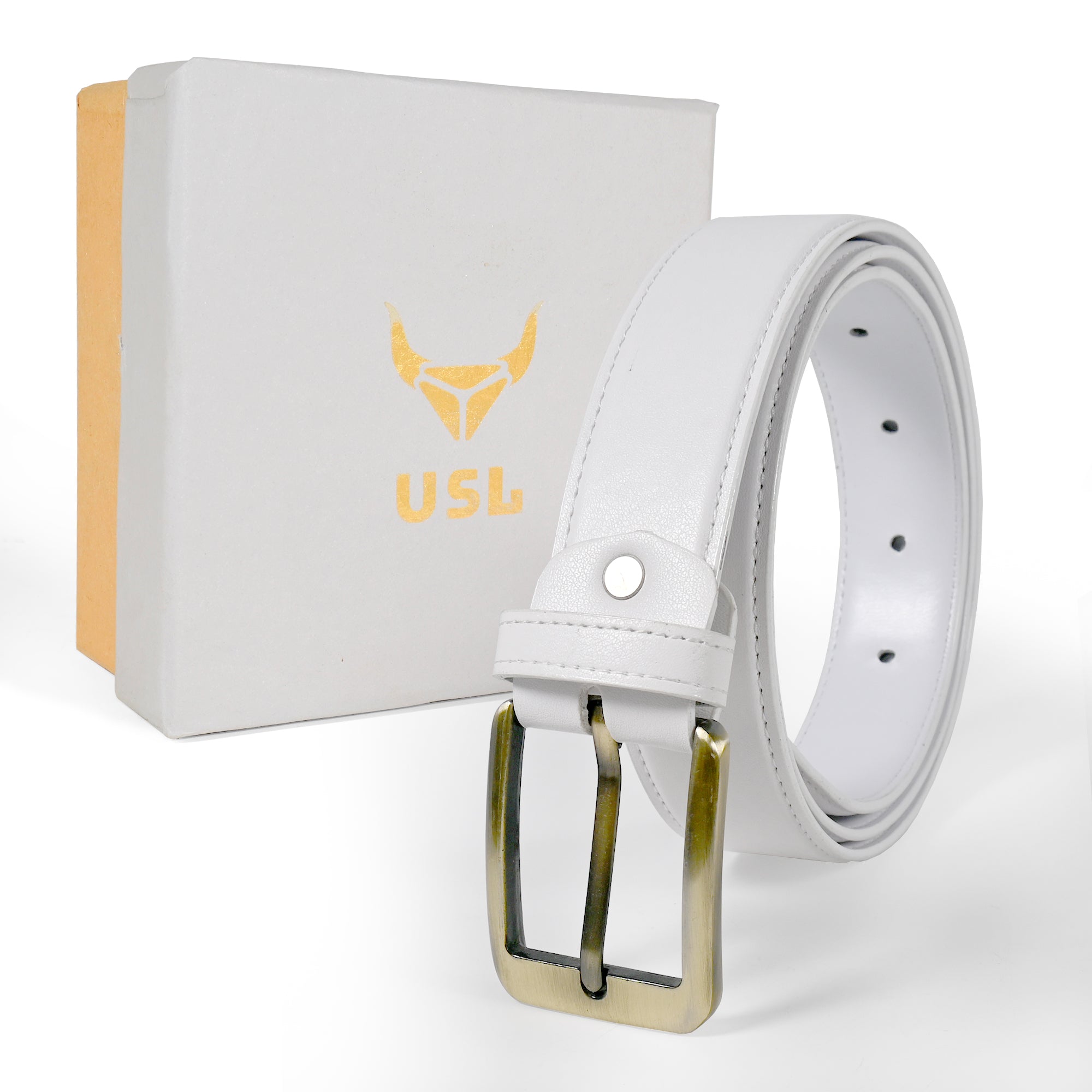 USL Faux Leather Cowboy white Belt for Men - Adjustable Size Fits Waist 28-42 Inches - Durable and Stylish Accessory