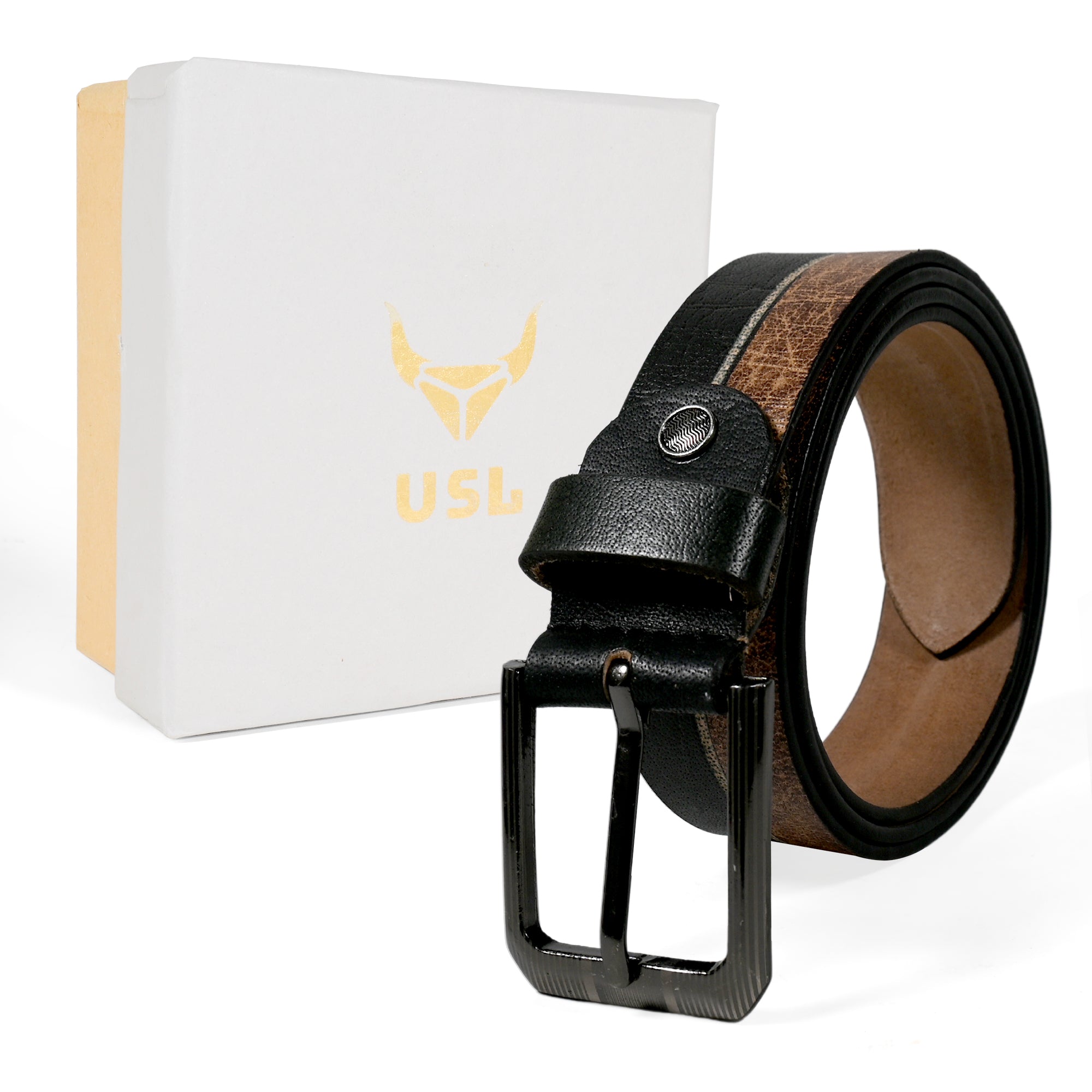 USL Black Beige Genuine Leather Belt for Men Customize size 28 to 42 Inches of waist size