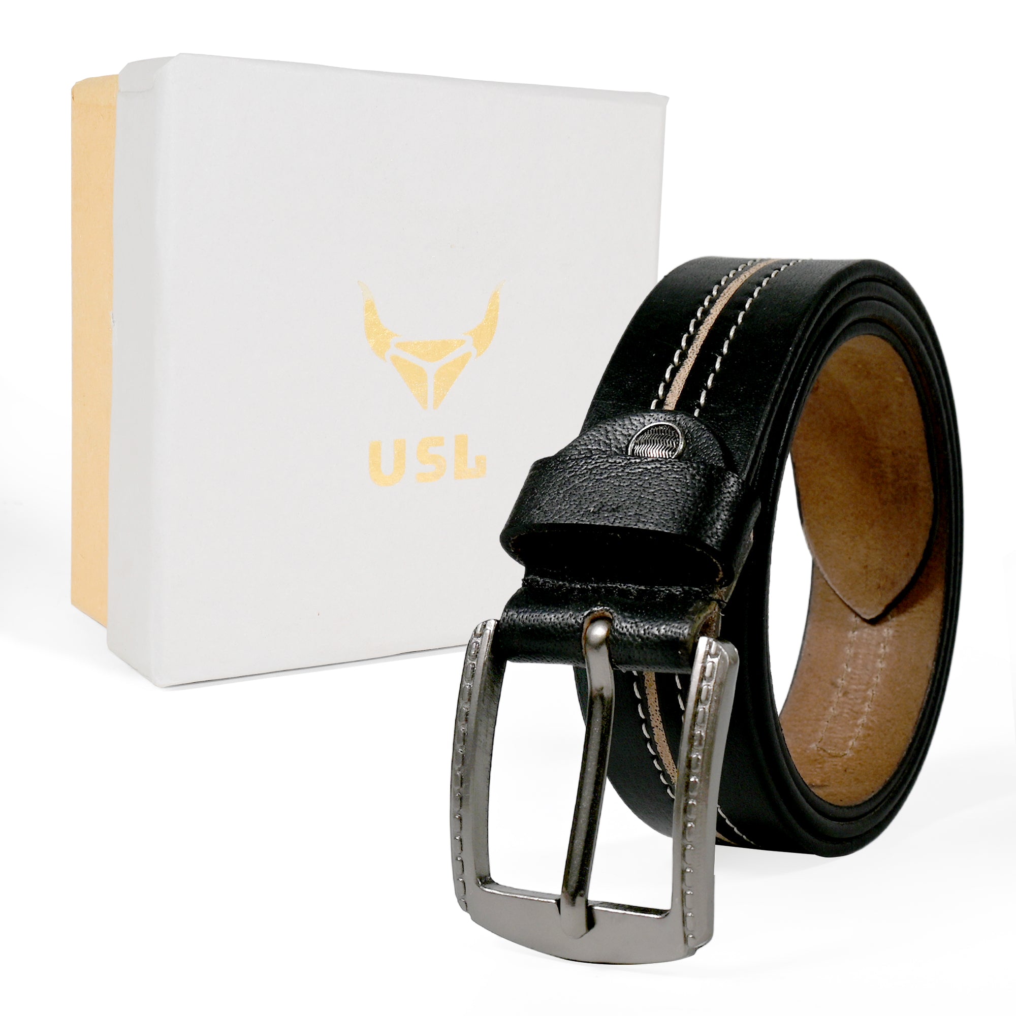 USL Black Pure Leather Belt for Men Customize size as per your waist size