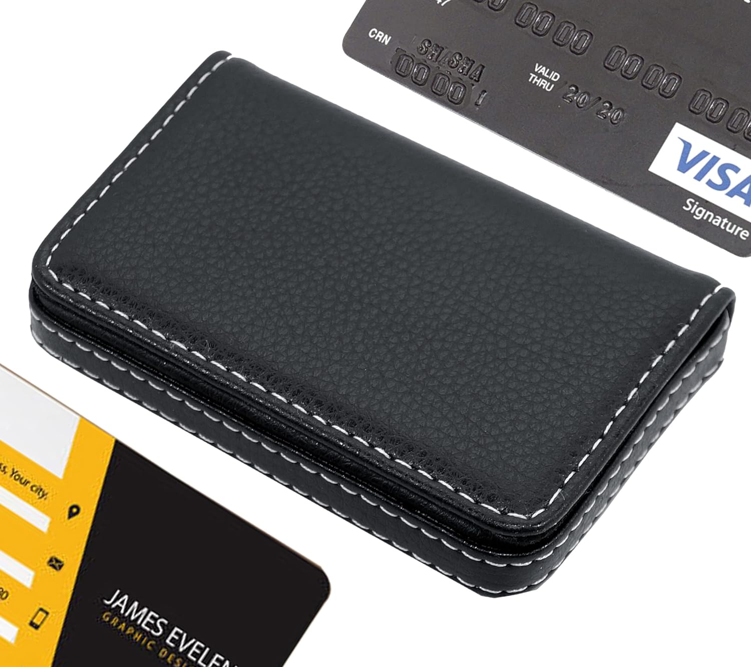 USL Stitched PU Leather Credit Debit ATM Card Holder Visiting Business Card Case Wallet with Magnetic Shut for Men & Women (Black, 10 x 6 x1.4 cm)