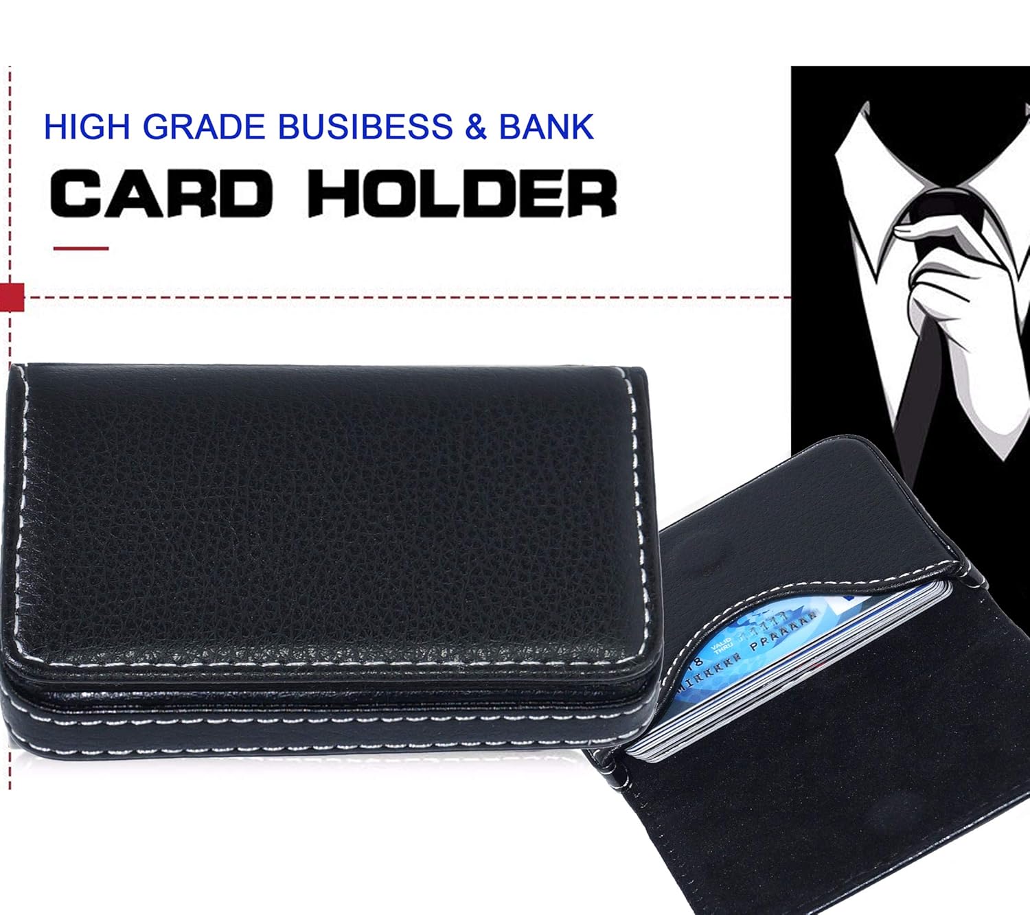 USL Stitched PU Leather Credit Debit ATM Card Holder Visiting Business Card Case Wallet with Magnetic Shut for Men & Women (Black, 10 x 6 x1.4 cm)